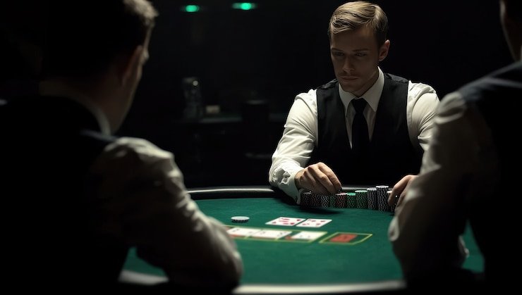 Antarmuka meja blackjack pusatmenang dengan dealer dan tombol permainan